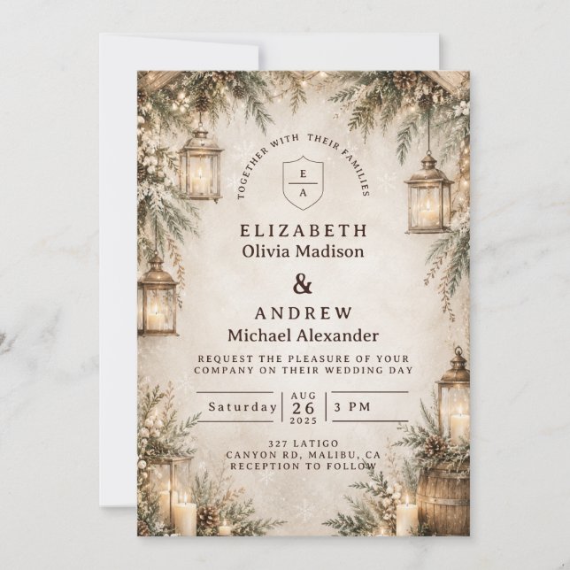 Invitation Mariage Élégant Rustique d'Hiver (Devant)