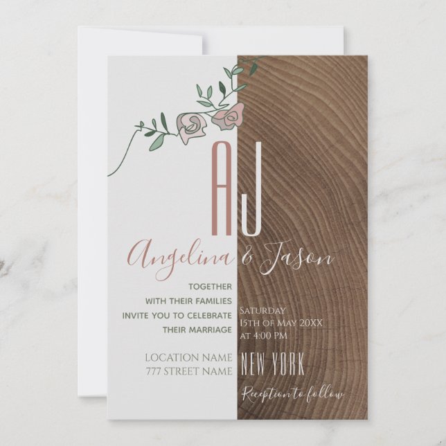 Invitation Mariage Élégant Rustique en Bois et Fleurs de Rose (Devant)