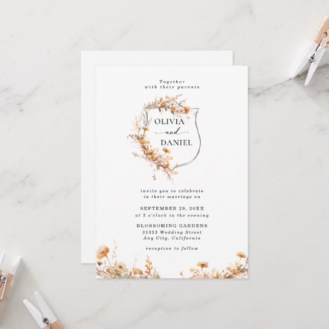 Invitation Mariage Élégant Rustique Fantaisiste aux Fleurs Sa (Devant/Arrière en situation)