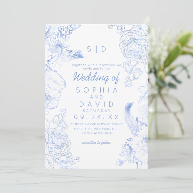 Invitation Mariage Élégant Rustique Fleur Sauvage Bleue (Debout devant)