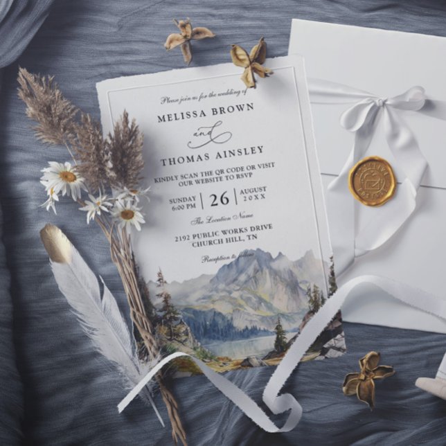 Invitation Mariage Élégant Rustique Lac Montagnes Code QR (Créateur téléchargé)