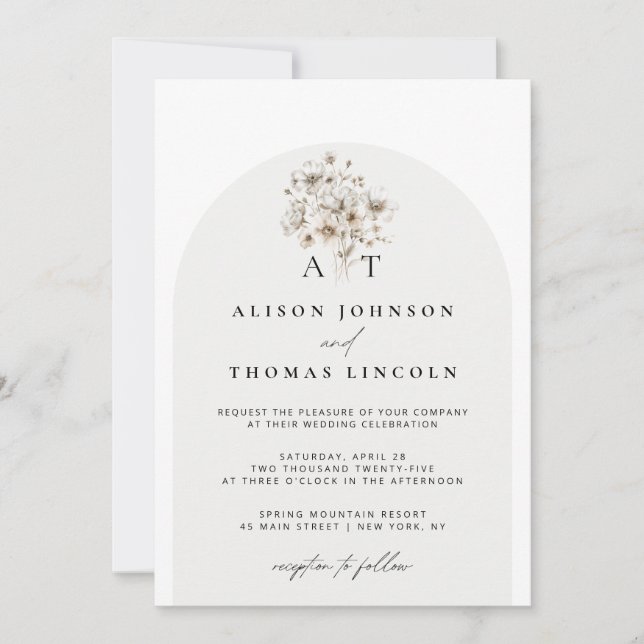 Invitation Mariage Élégant Rustique Monogramme Fleurs en Arch (Devant)