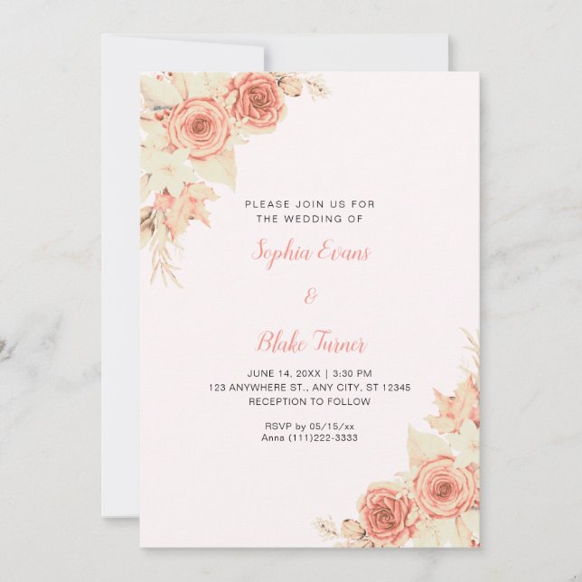 Invitation Mariage Élégant Rustique Roses Orange Automne Rose (Devant)
