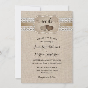 Invitation Mariage Élégant Rustique Toile de Jute et Dentelle