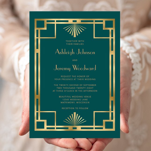 Invitation Mariage Elégant Salle de Bal Vert-Bleu Doré Géomét (Créateur téléchargé)