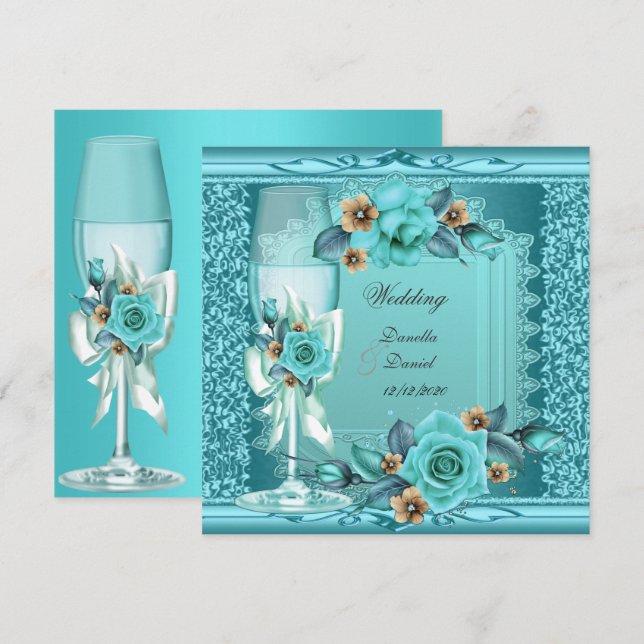 Invitation Mariage élégant sarcelle bleu beige roses fleurs (Devant / Derrière)
