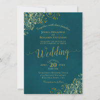Mariage élégant sarcelle calligraphie or dentelle
