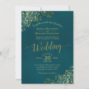 Invitation Mariage élégant sarcelle calligraphie or dentelle