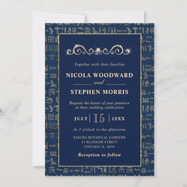 Invitation Mariage élégant sarcelle et or avec hiéroglyphes é (Devant)