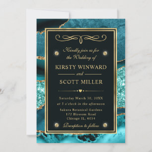 Invitation Mariage élégant sarcelle et or paillettes agate oc