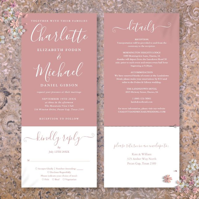 Invitation Mariage Élégant Script Rose Poussiéreux Tout En Un (Dusty Rose Elegant Script All In One Wedding Invitation)