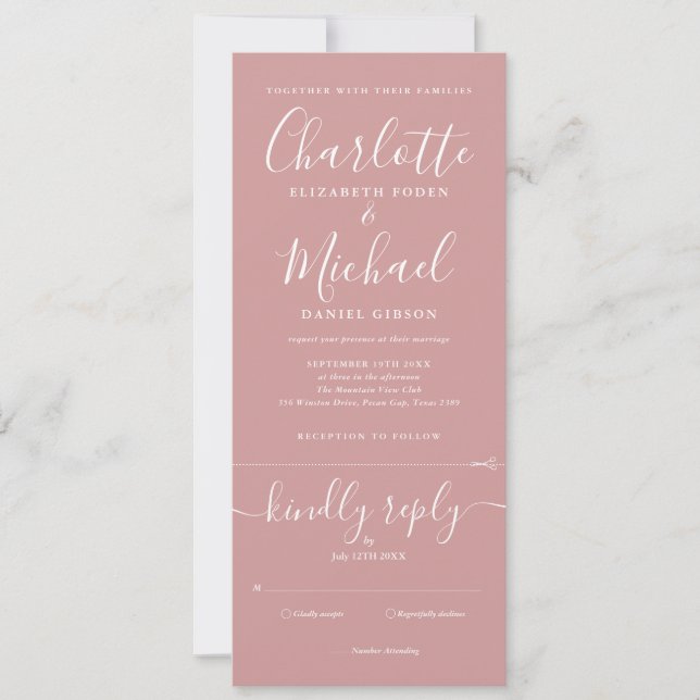 Invitation Mariage Élégant Script Rose Poussiéreux Tout En Un (Devant)