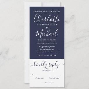 Invitation Mariage Élégant Script Tout En Un Bleu Marine