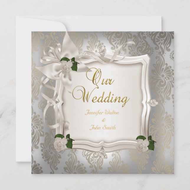 Invitation Mariage Élégant Sépia Roses Blanches Argent (Devant)