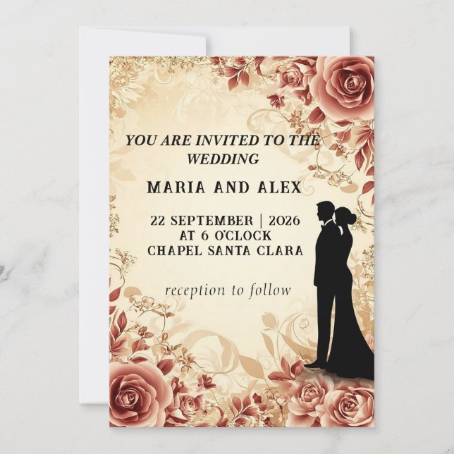 Invitation Mariage Élégant Silhouette au Milieu de Dessin Flo (Devant)