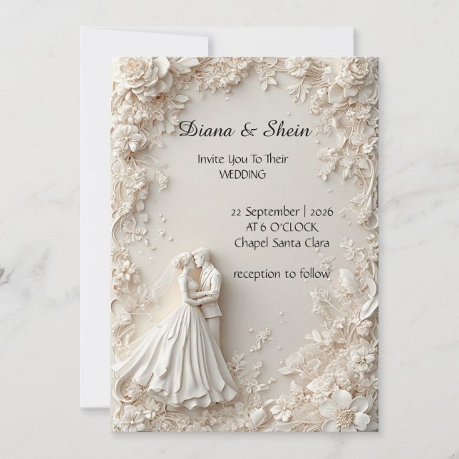 Invitation Mariage Élégant Silhouette avec Bordure Florale (Devant)