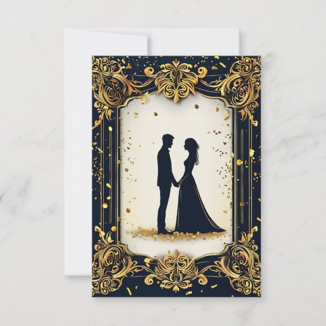 Invitation Mariage Élégant Silhouette avec Cadre Doré Orné (Devant)