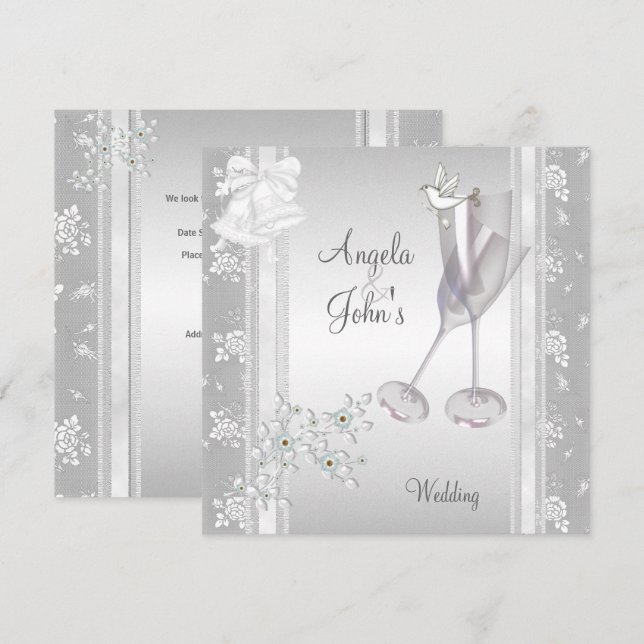 Invitation Mariage Elégant Silver White dentelle Florale (Devant / Derrière)