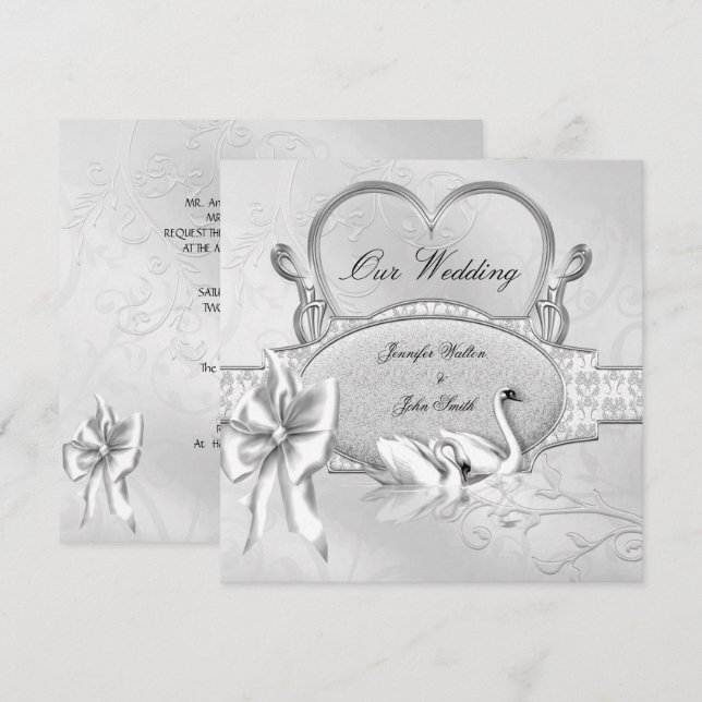 Invitation Mariage élégant Silver White Swans Heart Bow (Devant / Derrière)