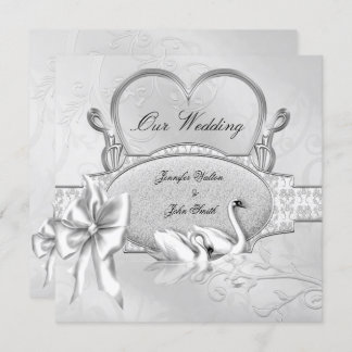 Invitation Mariage élégant Silver White Swans Heart Bow
