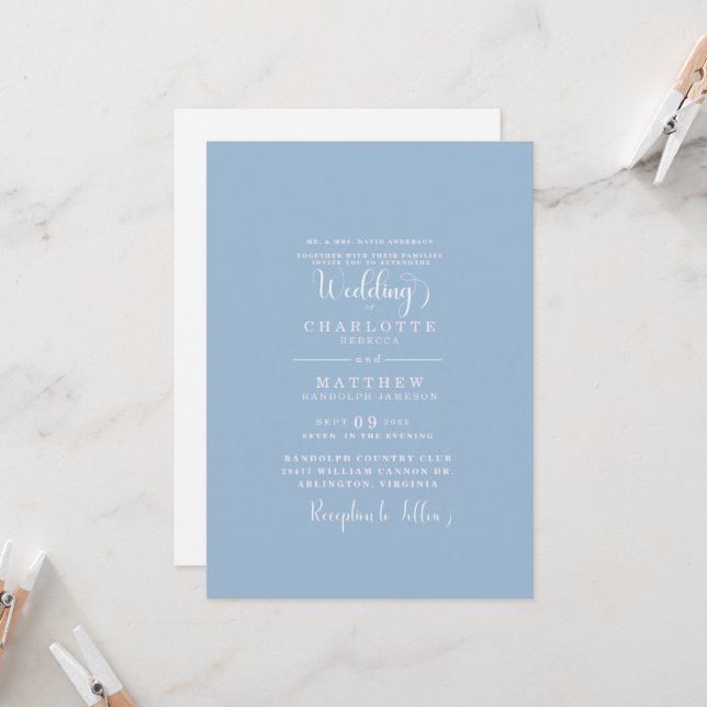 Invitation Mariage Élégant Simple Bleu Poussiéreux (Devant/Arrière en situation)