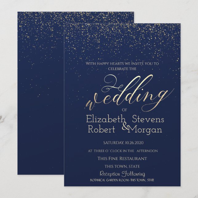 Invitation Mariage élégant simple confettis bleu marine (Devant / Derrière)