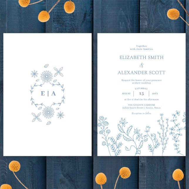 Invitation Mariage Élégant Simple Fleur Sauvage Pervenche (Créateur téléchargé)