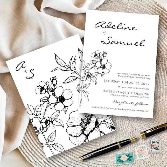 Invitation Mariage Élégant Simple Floral Noir & Blanc Moderne (Simple elegant classic black and white modern floral wildflower monogram wedding invitation)