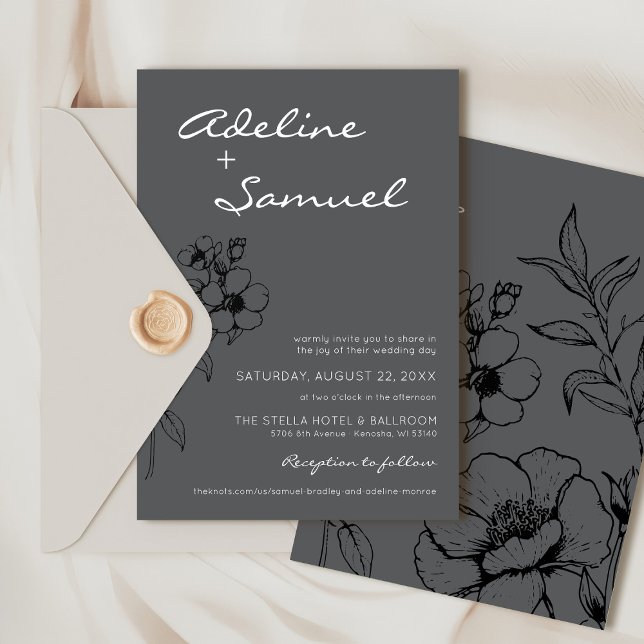 Invitation Mariage Élégant Simple Floral Noir & Gris Moderne (Simple elegant classic charcoal gray, black and white modern floral wildflower wedding invitation)