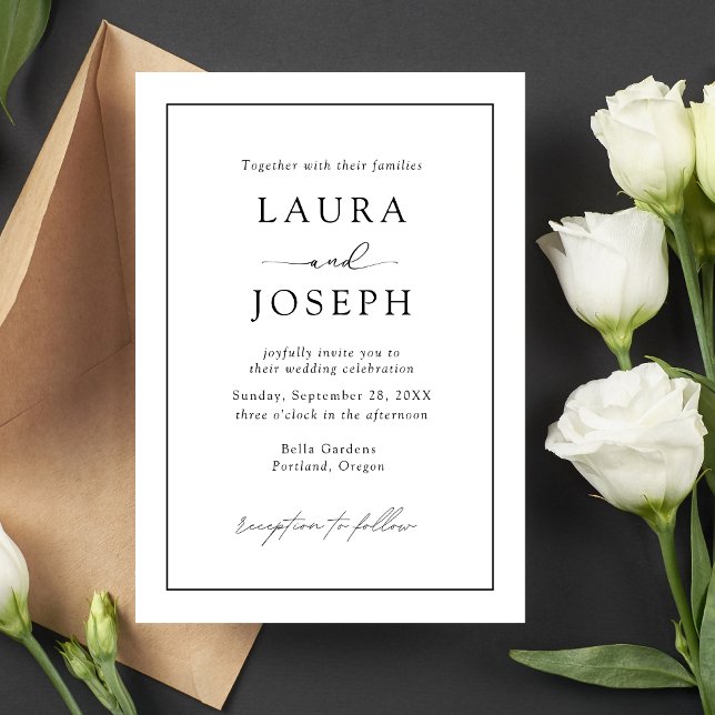 Invitation Mariage Élégant Simple Minimaliste Noir & Blanc (Black and white minimalist wedding invitation delivers clean timeless style with your custom details)