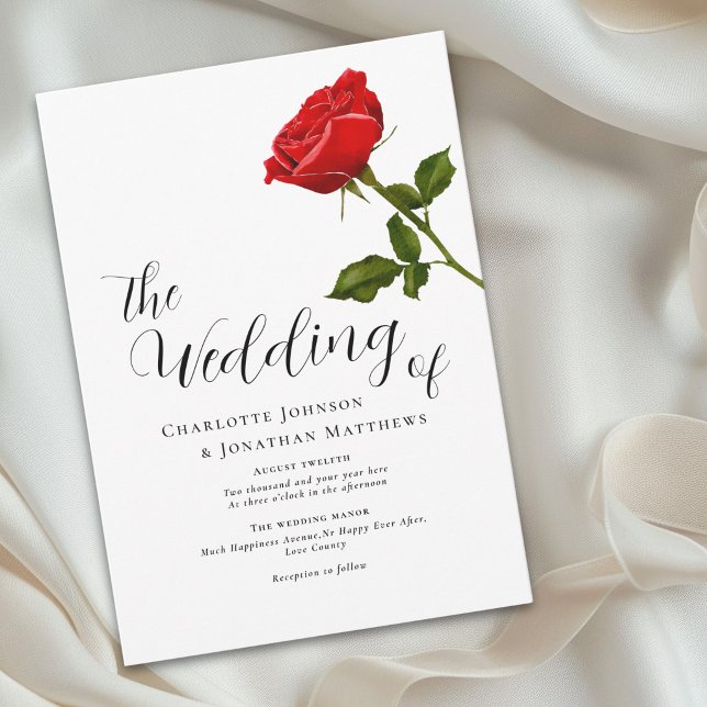Invitation Mariage Élégant Simple Rose Rouge (Elegant simple watercolor single red rose wedding invitation stylish script classic romantic)