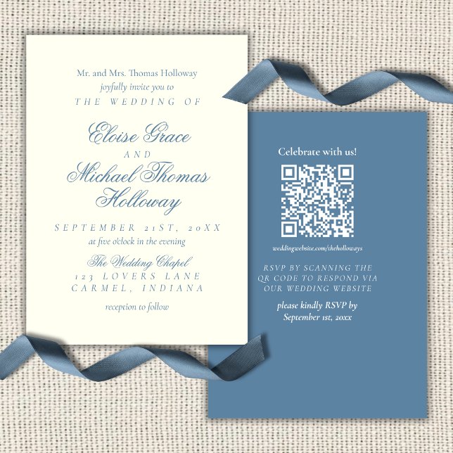 Invitation Mariage Élégant Simple Script Bleu Poussiéreux (Elegant Simple Script Dusty Blue Wedding Invitation)