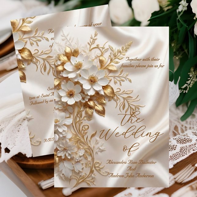 Invitation Mariage Élégant Soie Florale Beige Blanc Or (Créateur téléchargé)