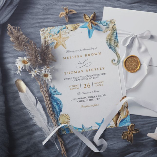 Invitation Mariage élégant sous la mer avec code QR aquarelle (Créateur téléchargé)