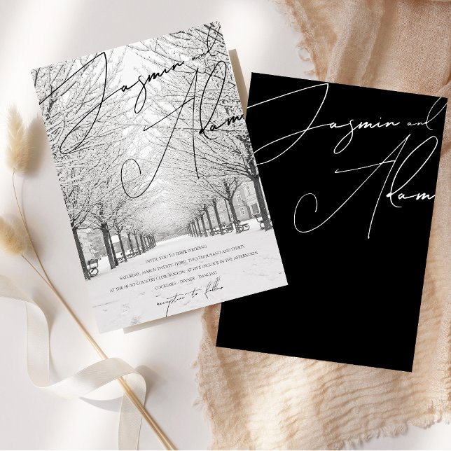 Invitation Mariage élégant sous la neige d'hiver (Winter Snow Scenery Picturesque Script Wedding Invitation)