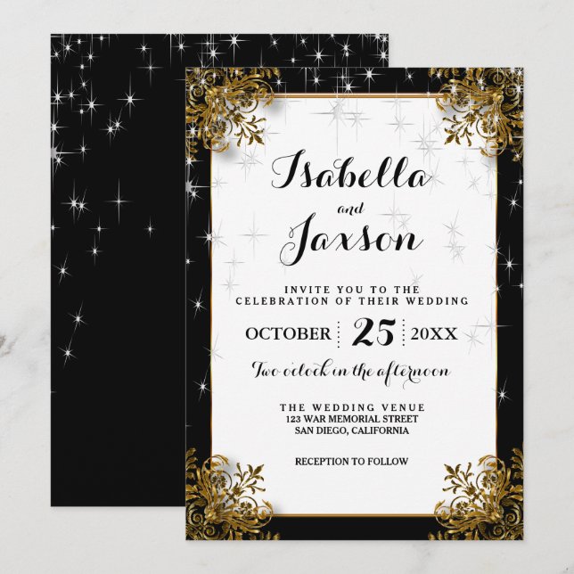 Invitation Mariage élégant sous les étoiles, une nuit noire e (Devant / Derrière)