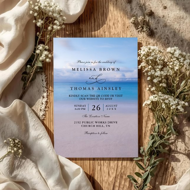 Invitation Mariage élégant sur la plage avec code QR aquarell (Créateur téléchargé)