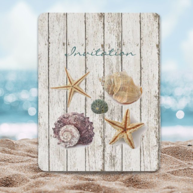 Invitation mariage élégant sur la plage avec du bois côtier e (elegant coastal wood seashells beach wedding invitation)