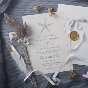 Invitation Mariage élégant sur la plage avec étoile de mer bl