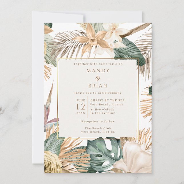 Invitation Mariage Élégant sur une Destination de Plage Tropi (Devant)