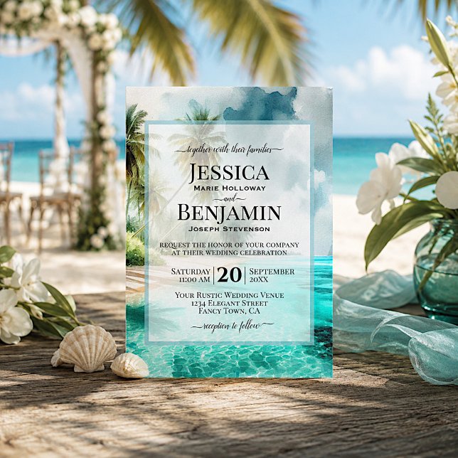Invitation Mariage élégant sur une plage tropicale côtière à  (Créateur téléchargé)