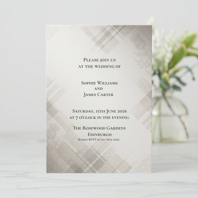 Invitation Mariage Élégant Tartan Crème Chardon Fantôme Écoss (Debout devant)