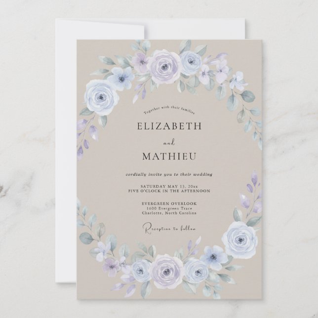 Invitation Mariage Élégant Taupe Pétale de Pervenche (Devant)