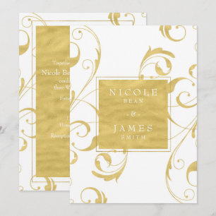 Invitation Mariage élégant tourbillon floral blanc et or faux