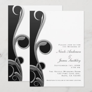 Invitation Mariage Élégant Tourbillon Noir Argent Blanc Glamo