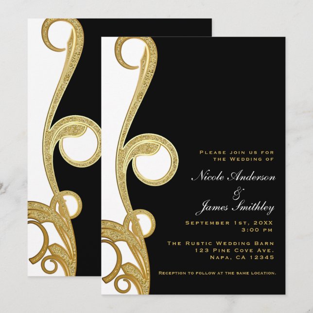 Invitation Mariage Élégant Tourbillon Noir Or Blanc (Devant / Derrière)