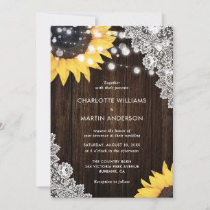 Invitation Mariage Élégant Tournesol Dentelle Bois Rustique