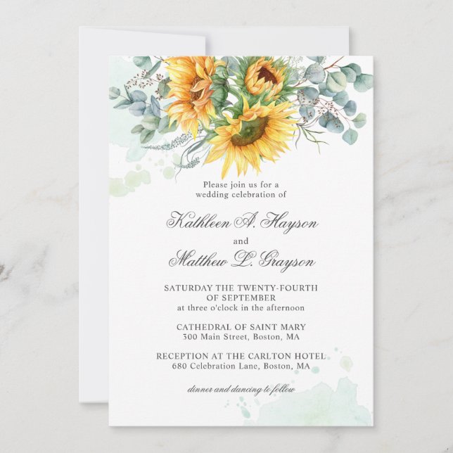 Invitation Mariage Élégant Tournesol Eucalyptus Splash  (Devant)