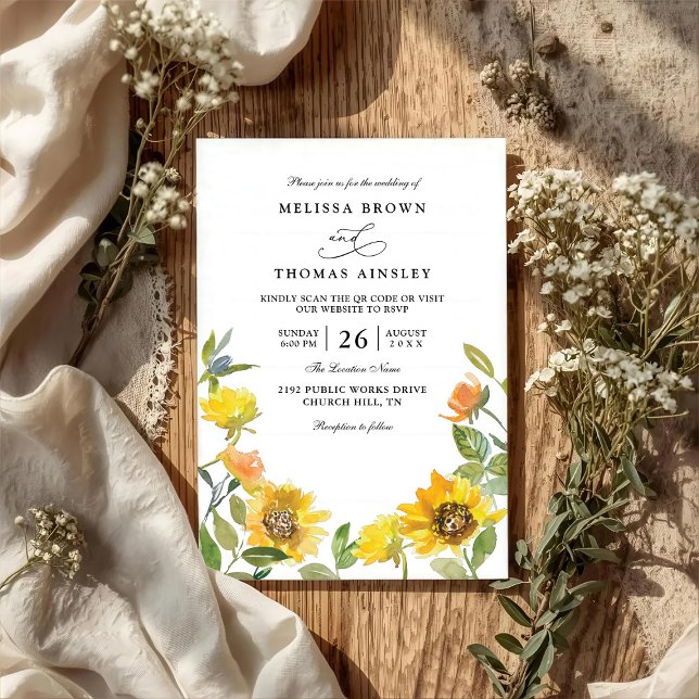 Invitation Mariage élégant tournesol jaune ensoleillé code QR (Créateur téléchargé)