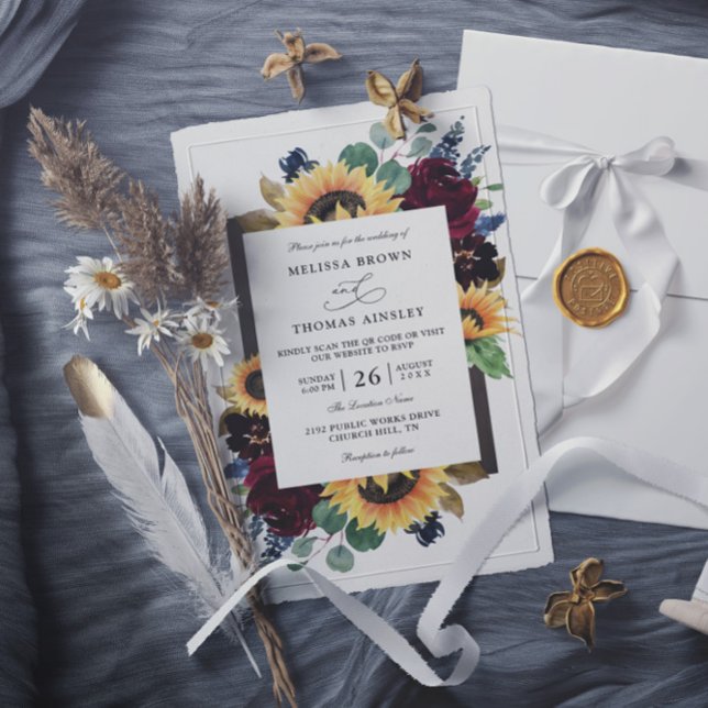Invitation Mariage Élégant Tournesol Rustique Budget Code QR (Créateur téléchargé)